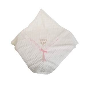 Vintage Julius Berger White Knit Pink Rosettes Ribbon Accents 37" Baby Blanket